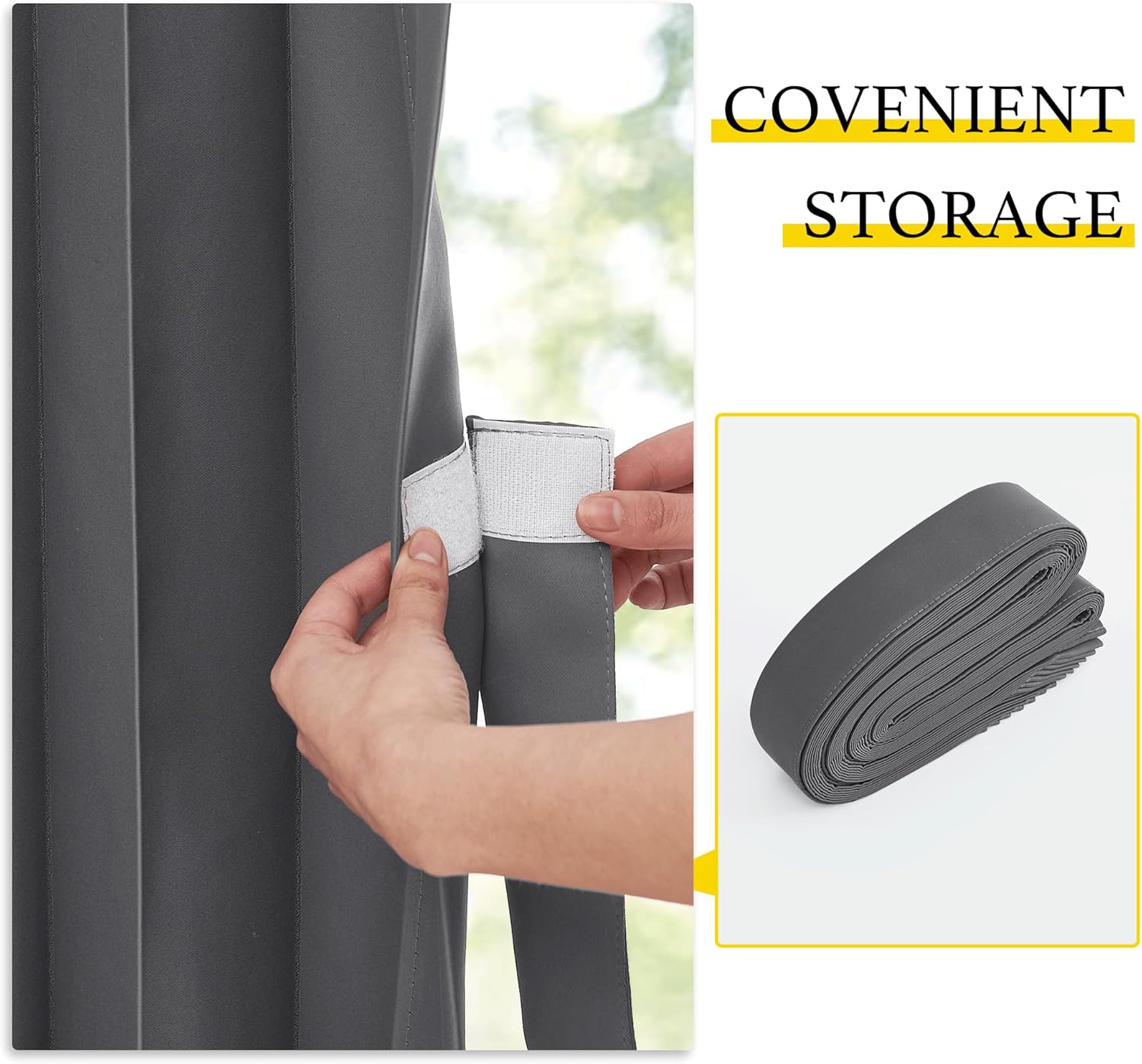 Hand fastens dark grey fabric tie-back with velcro to pleated window blind. Rolled strap shown.
