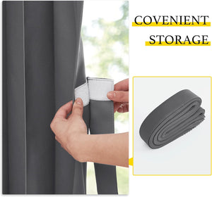 Hand fastens dark grey fabric tie-back with velcro to pleated window blind. Rolled strap shown.