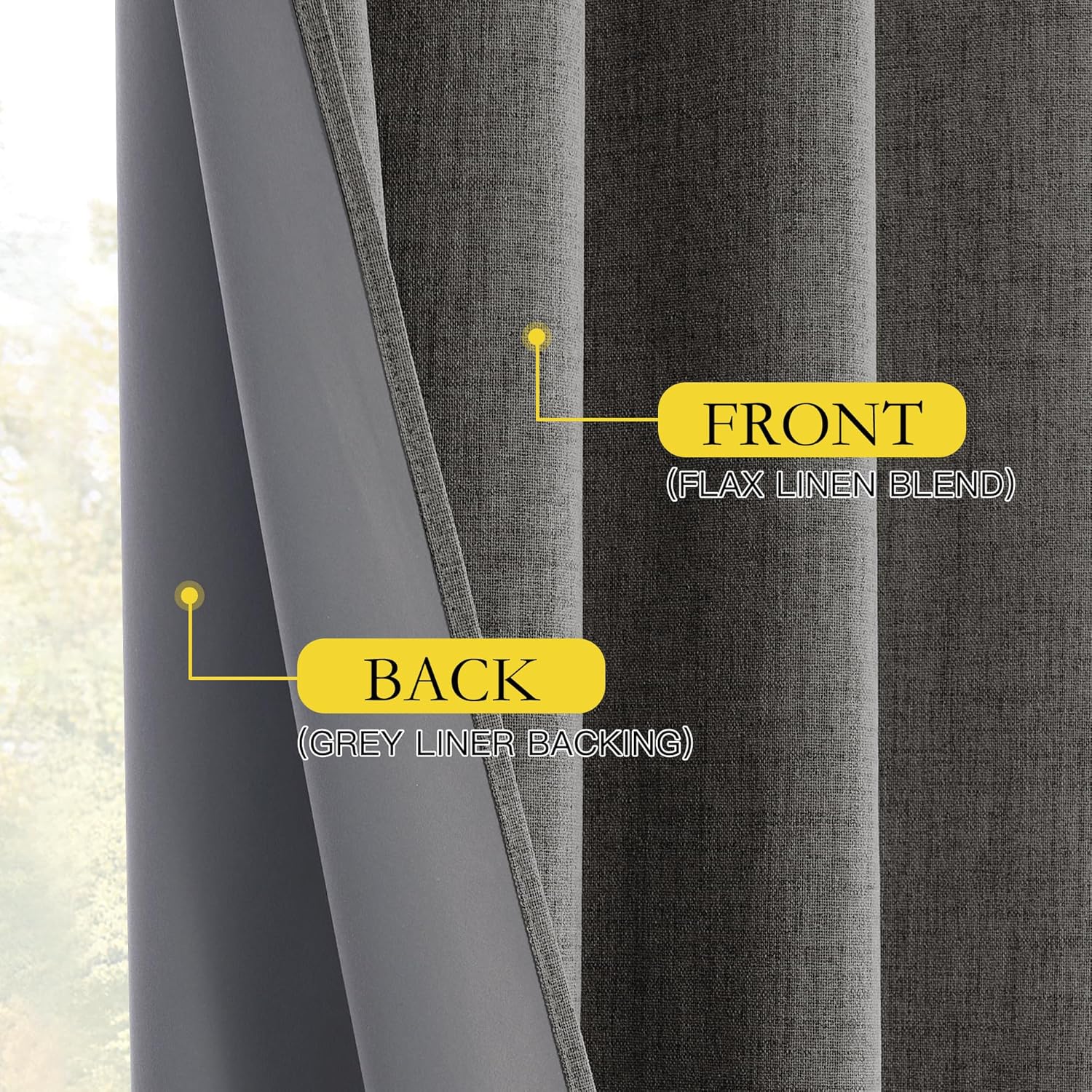 Close-up of a dark grey flax linen blend curtain showing its inner grey blackout liner backing and fabric texture.