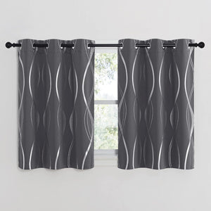 Charcoal grey tier curtains featuring a modern silver metallic wave design and easy-hang grommets