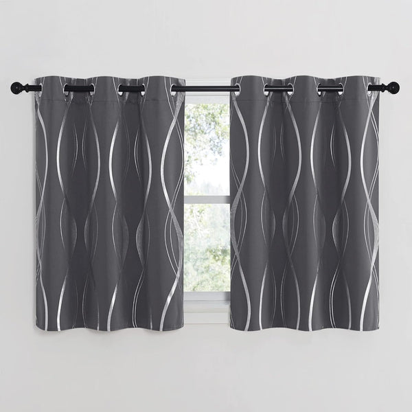 Charcoal grey tier curtains featuring a modern silver metallic wave design and easy-hang grommets