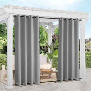 Dark grey outdoor patio privacy curtains with silver grommets on a white pergola.