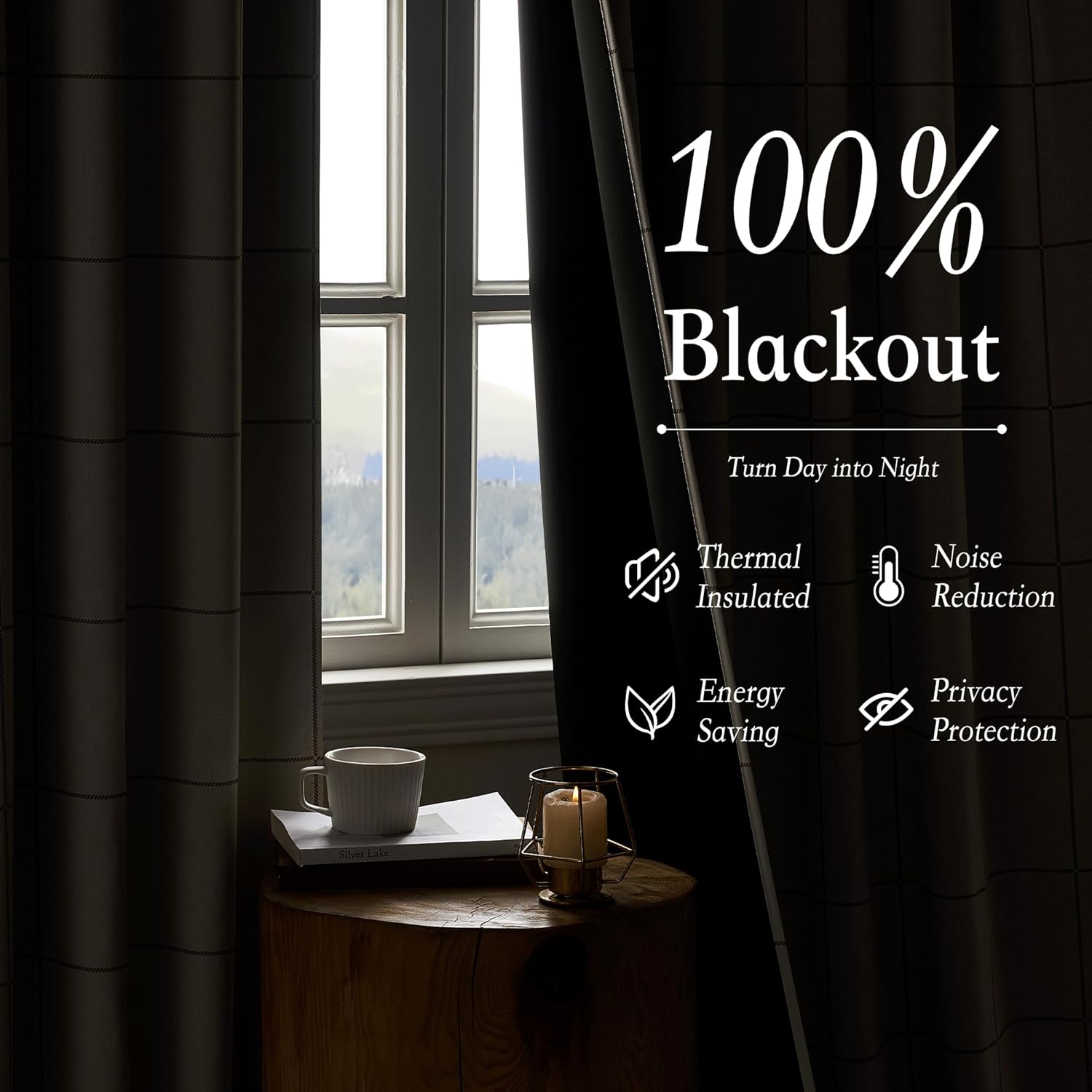 Dark grey plaid blackout curtains fully blocking a window, emphasizing thermal and privacy benefits.