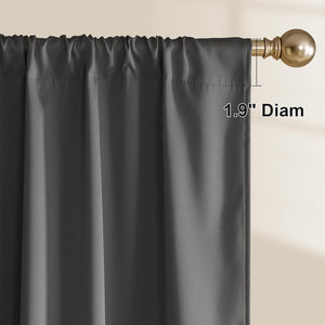 Dark grey rod pocket curtain panel with gathered top on a gold rod. Highlights a 1.9-inch diameter rod pocket.