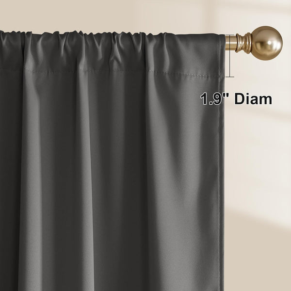 Dark grey rod pocket curtain panel with gathered top on a gold rod. Highlights a 1.9-inch diameter rod pocket.