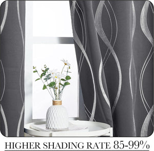 Dark grey blackout curtains with modern silver wavy lines pattern hanging over a window, offering high shading.