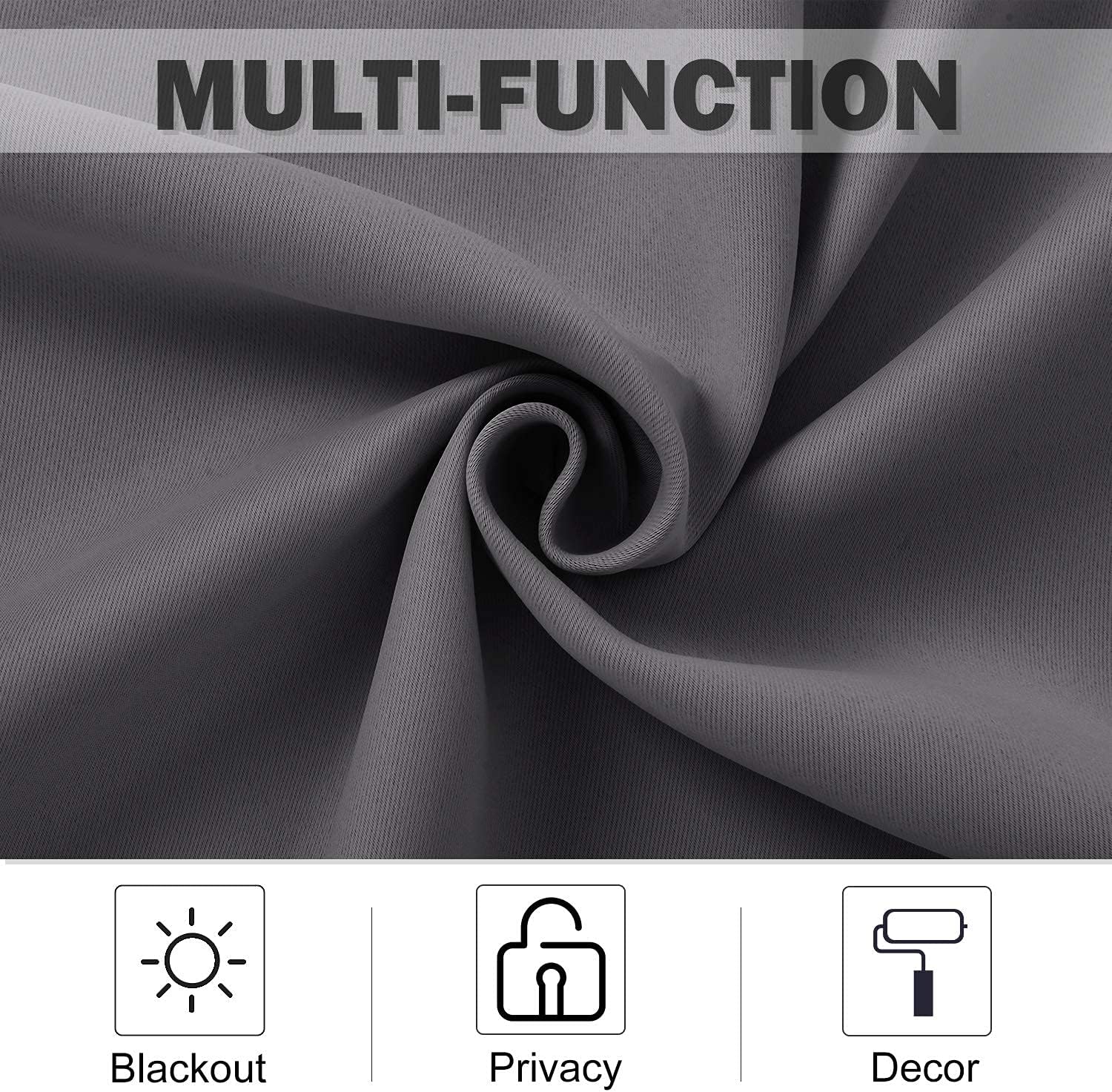 Close-up of dark grey textured fabric, likely a multi-function blackout curtain, offering privacy and decor.