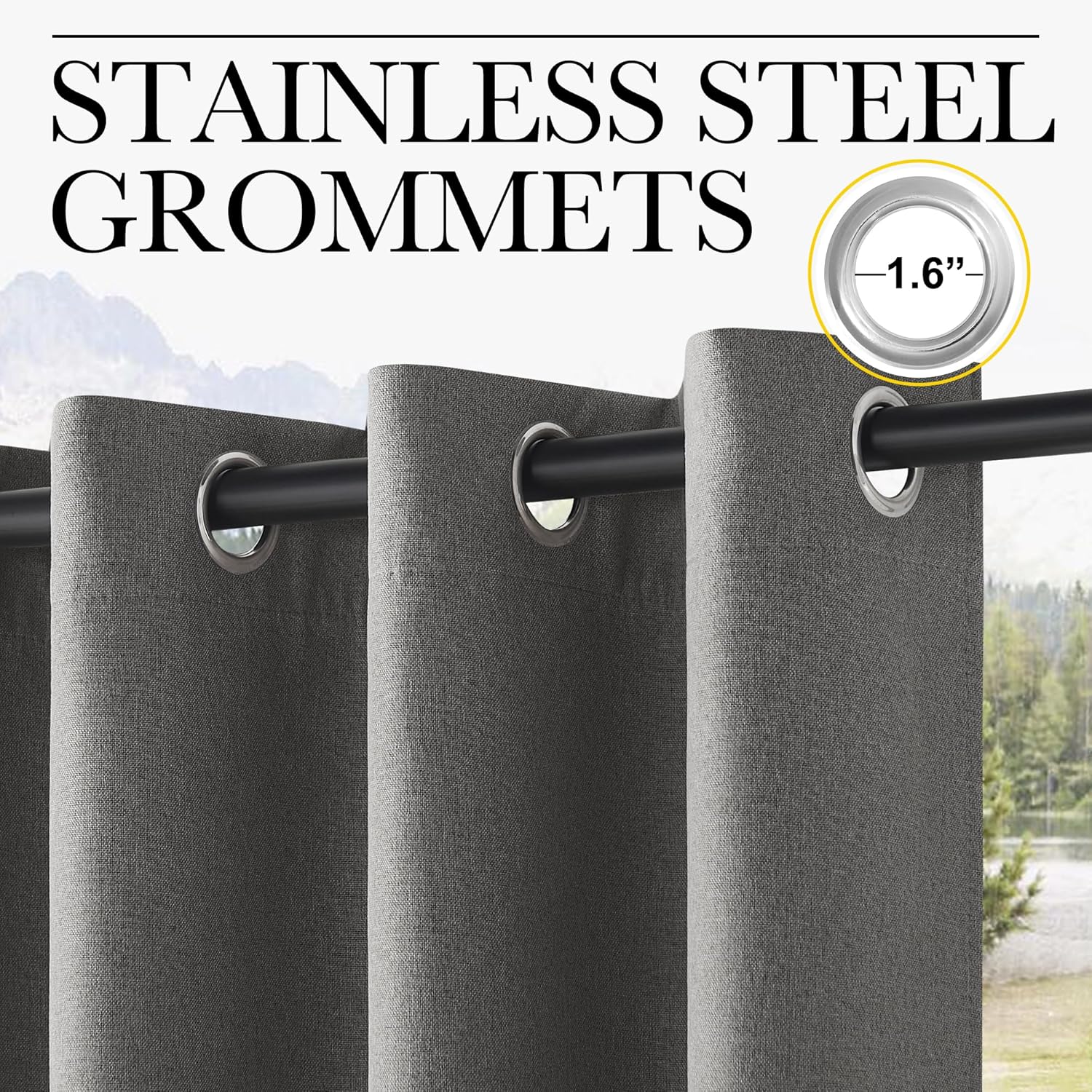 Close-up of dark grey textured grommet curtains featuring 1.6 inch stainless steel rings on a black rod.