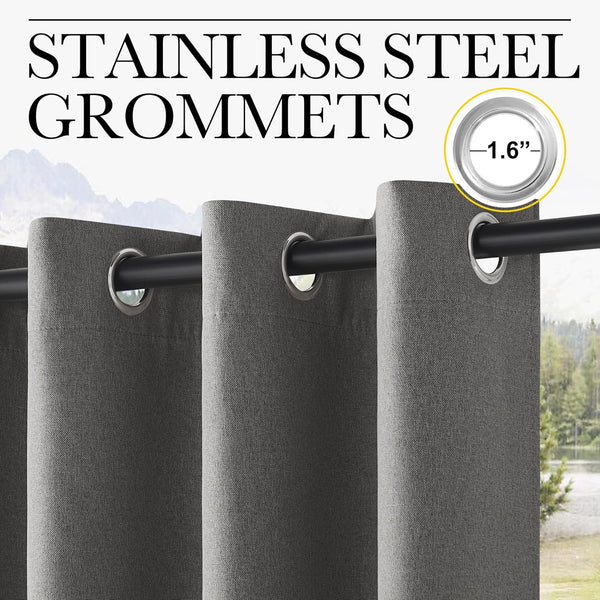 Close-up of dark grey textured grommet curtains featuring 1.6 inch stainless steel rings on a black rod.
