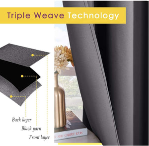 Dark grey blackout curtain panel with triple weave technology layers shown in exploded diagram.