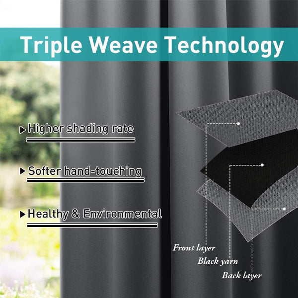 Dark grey triple weave blackout curtain. Diagram shows layered fabric for high shading and soft feel.