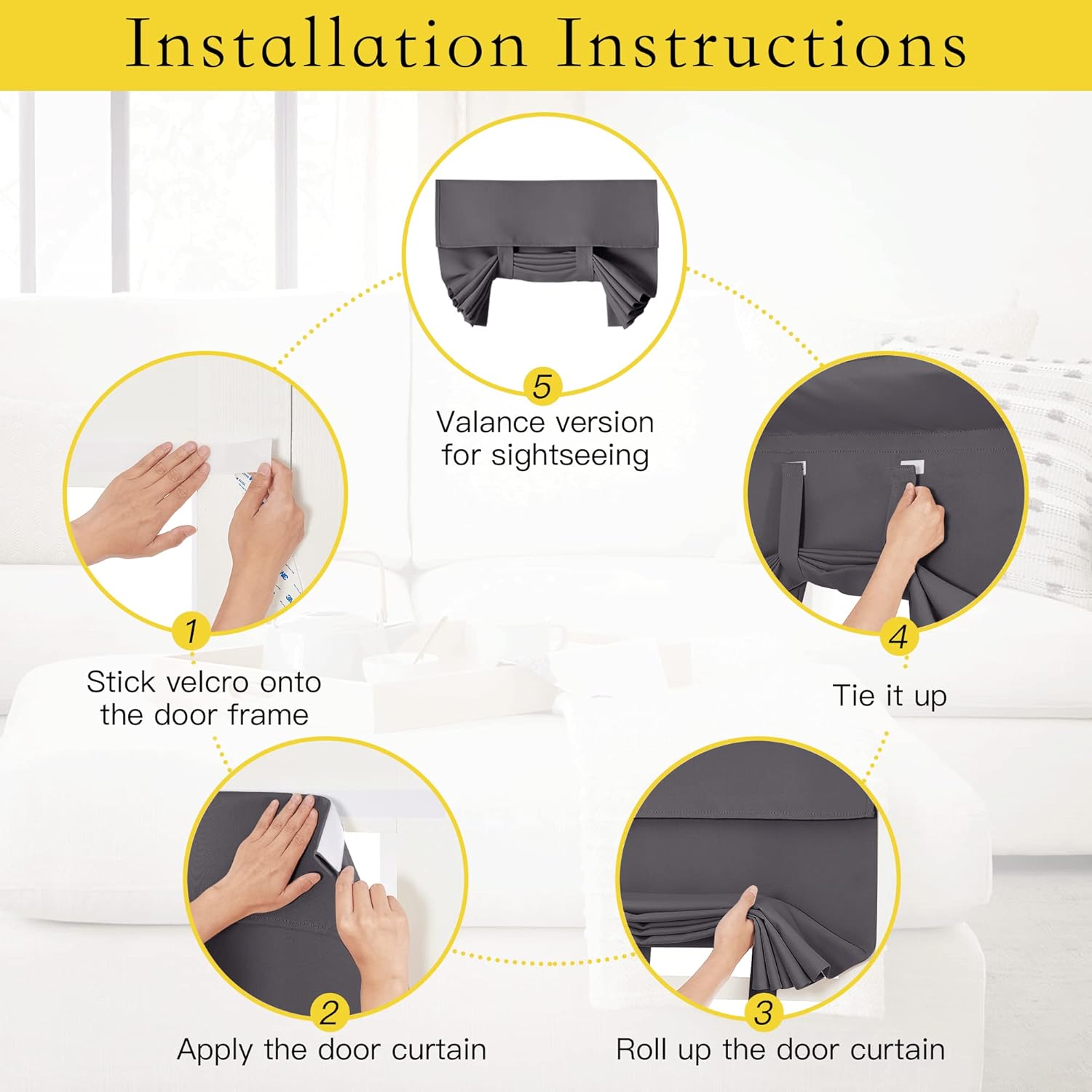 Installation guide for a dark grey tie-up door curtain, showing Velcro attachment and roll-up design.