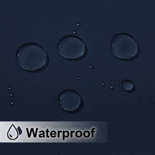 Close-up of dark navy blue fabric showing water beading, with "Waterproof" text and icon overlay.