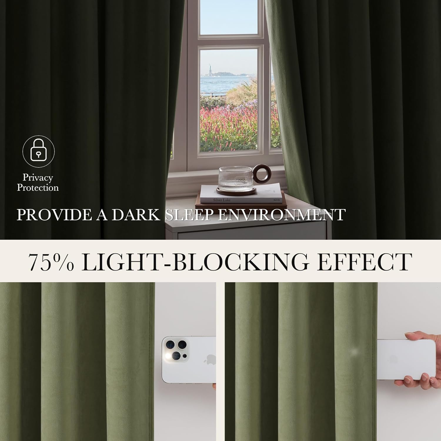 Dark olive green blackout curtains hung by a window, demonstrating 75% light-blocking and privacy.