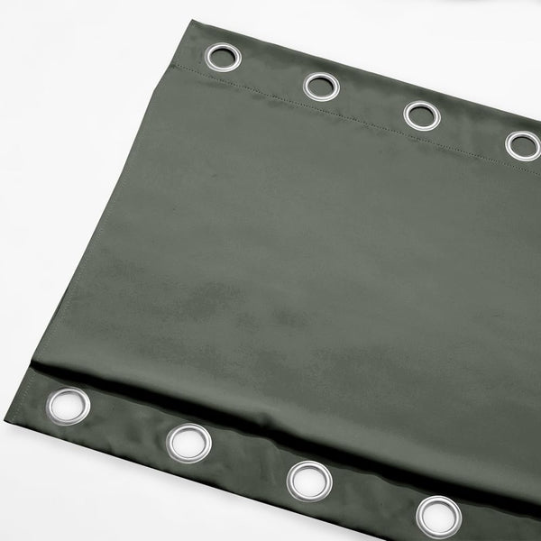 Dark olive green fabric panel with silver grommets on top and bottom edges, showing stitched seams.