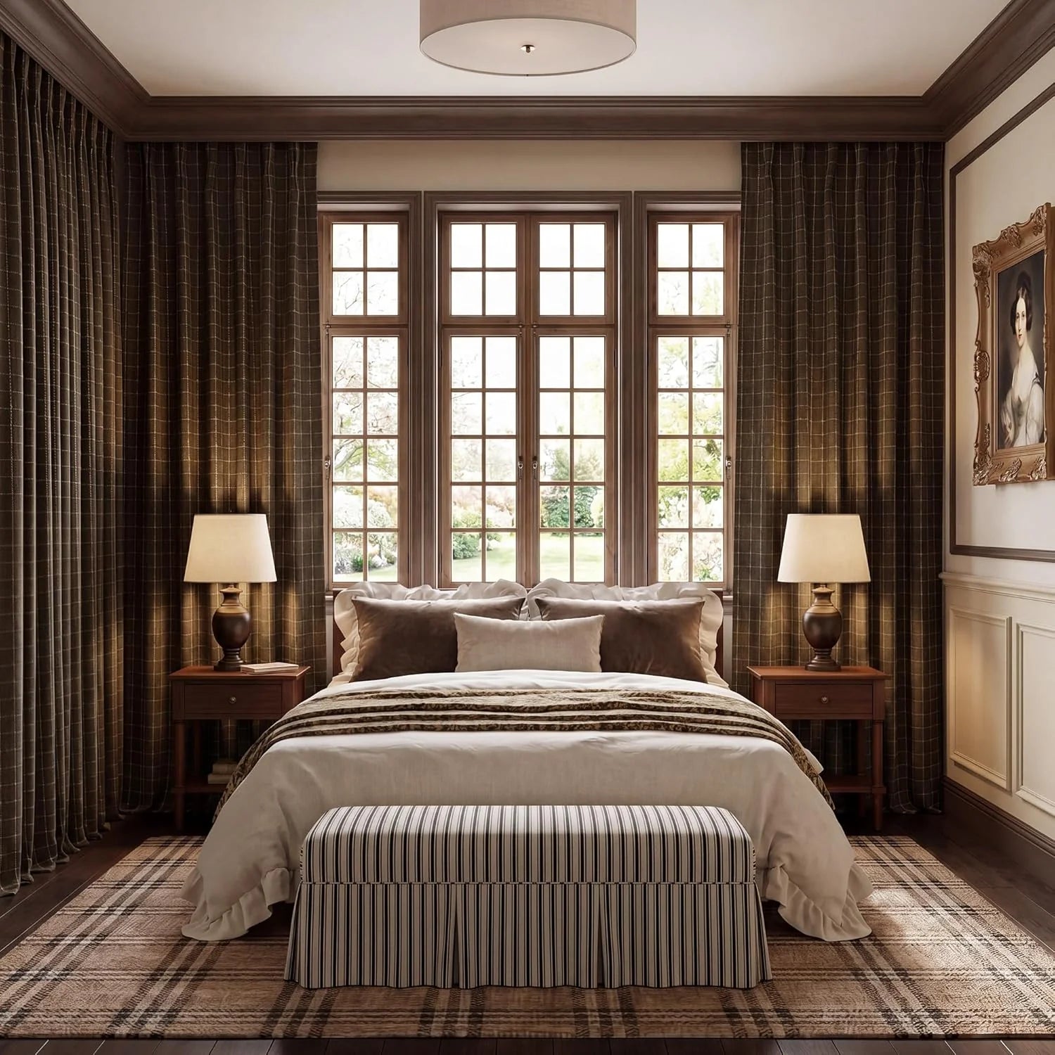 Full-length dark brown plaid curtains in a traditional bedroom with large windows.