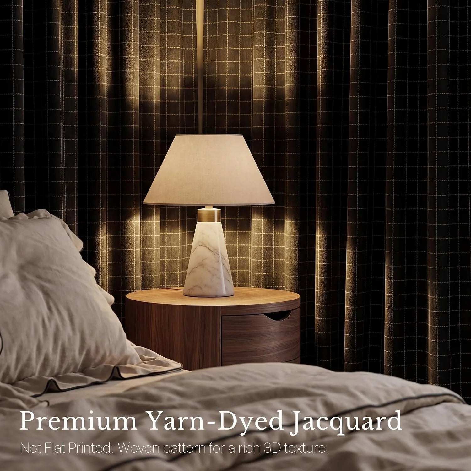 Dark plaid jacquard curtains in a modern bedroom with a marble lamp and wooden nightstand.