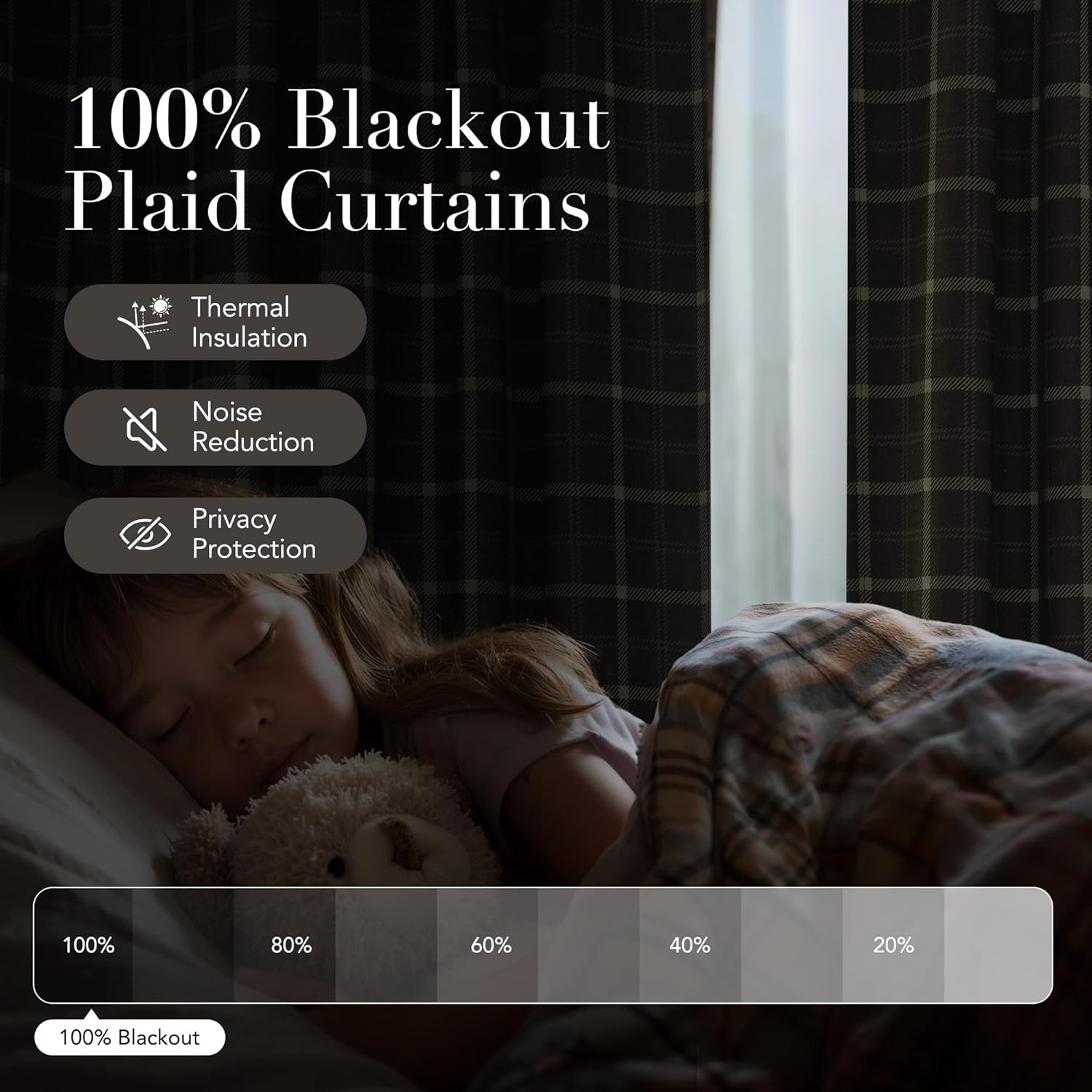 Dark plaid blackout curtains with thermal insulation and noise reduction in a child's bedroom.