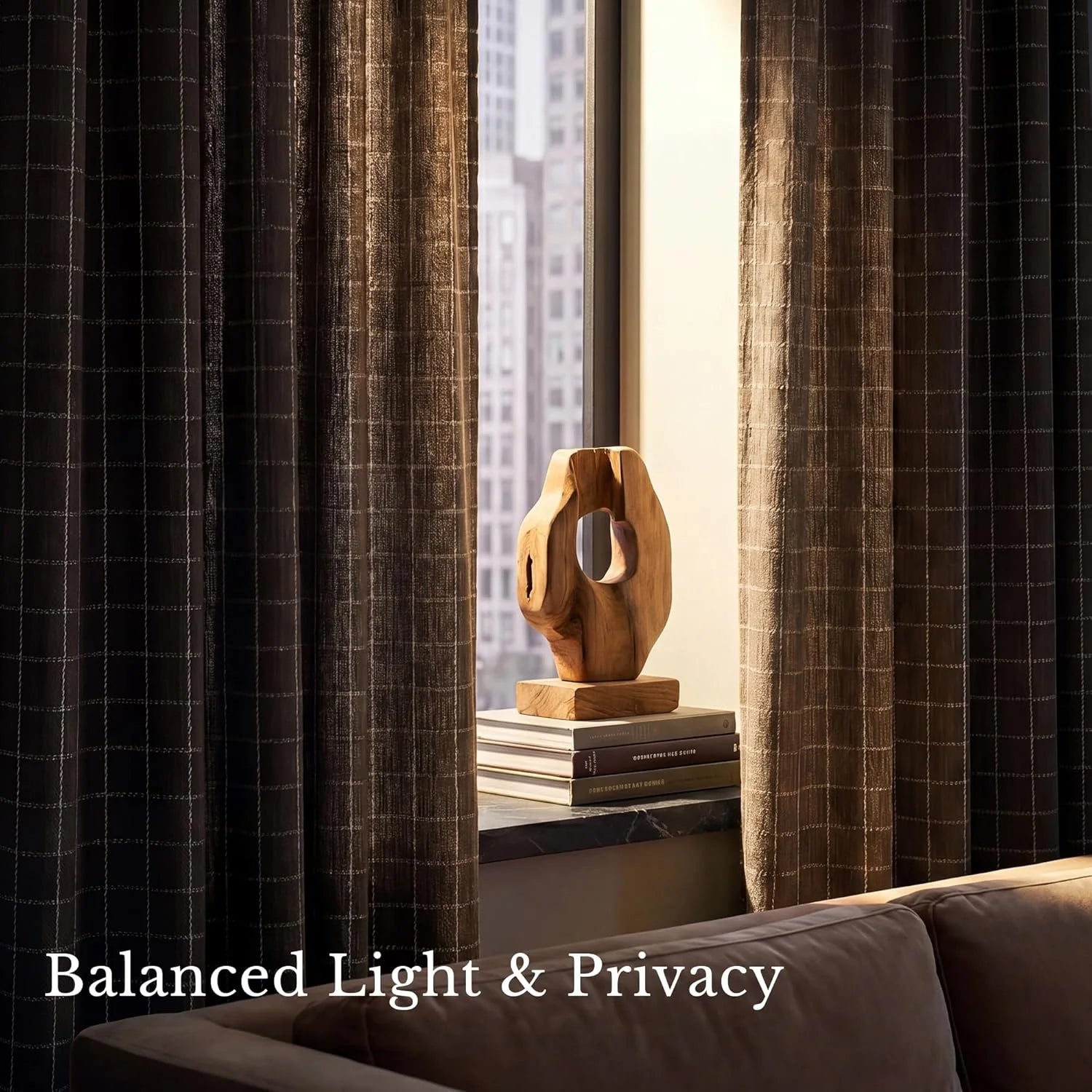 Dark plaid curtains managing light and privacy in a modern urban room with a city view, wooden decor.