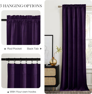 Dark purple velvet curtain with rod pocket, back tab, and hook hanging options visible.