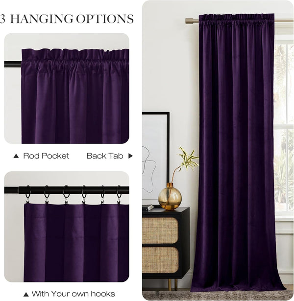 Dark purple velvet curtain with rod pocket, back tab, and hook hanging options visible.