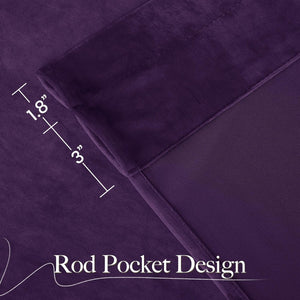 Dark purple velvet curtain close-up, highlighting the rod pocket design with 1.8-inch and 3-inch measurements.