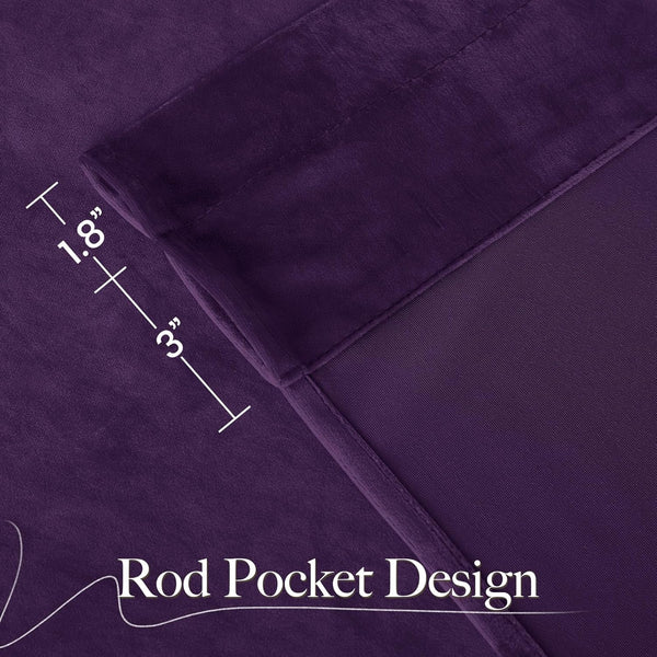 Dark purple velvet curtain close-up, highlighting the rod pocket design with 1.8-inch and 3-inch measurements.