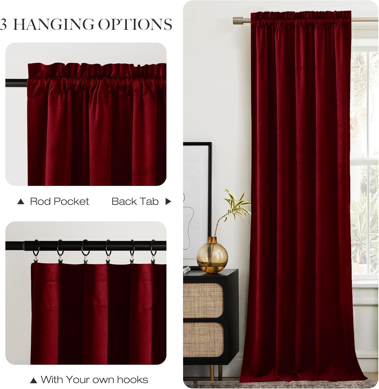 Full-length dark red velvet curtain panel displaying rod pocket, back tab, and hook hanging styles.