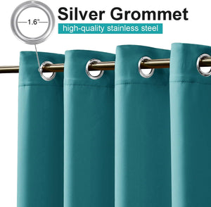 Dark teal blackout curtains featuring 1.6-inch silver stainless steel grommet tops.