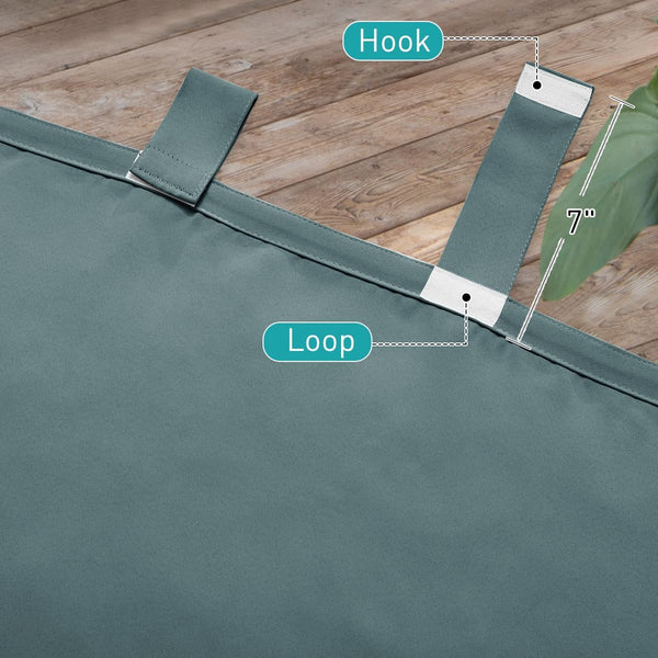 Dark teal curtain top with hook and loop straps, one fastener measuring 7 inches long.