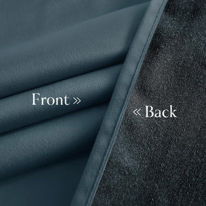 Close-up of dark teal plush velvet curtain fabric with textured dark grey blackout lining