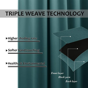 Dark teal curtain demonstrating triple weave blackout technology with layered fabric diagram.