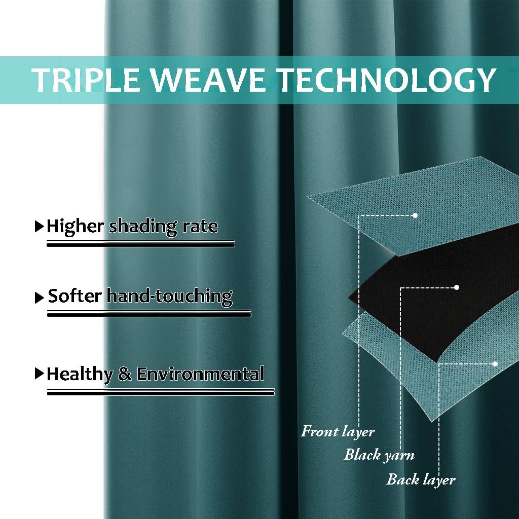 Dark teal curtain panel demonstrating triple weave technology, highlighting front, black yarn, and back layers.
