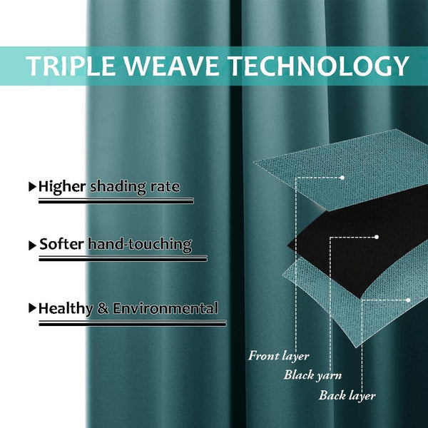 Dark teal curtain panel demonstrating triple weave technology, highlighting front, black yarn, and back layers.