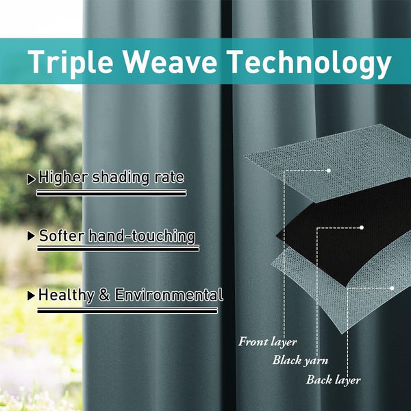 Dark teal triple weave blackout curtain. Exploded view shows fabric layers with black yarn for high shading.