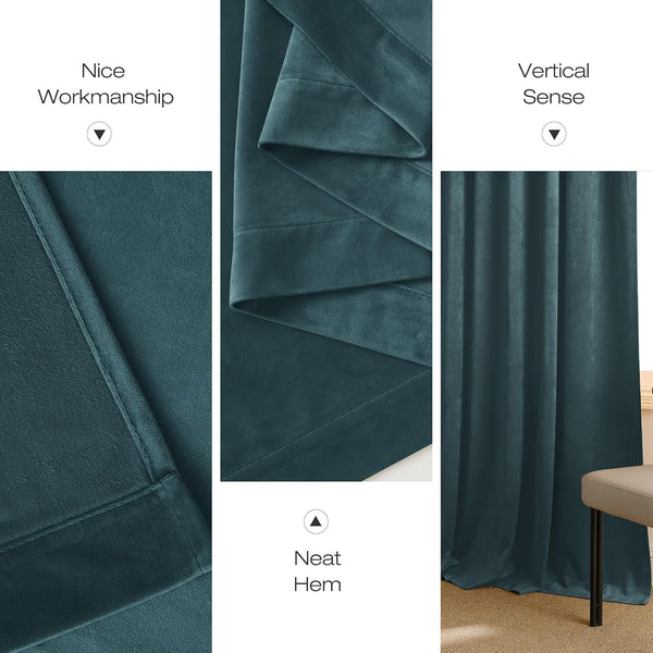Plush dark teal velvet blackout curtains showcasing fine workmanship, a neat hem, and elegant vertical drape.