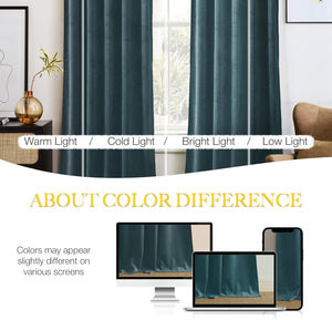 Dark teal velvet blackout curtains hanging in a modern room, shown under varying light conditions.