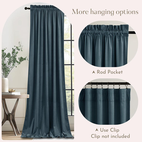 Dark teal velvet curtain panel with a gathered rod pocket top, also showing clip ring option.