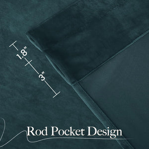 Dark teal velvet curtain panel close-up, showing rod pocket design with 1.8 and 3 inch measurements.