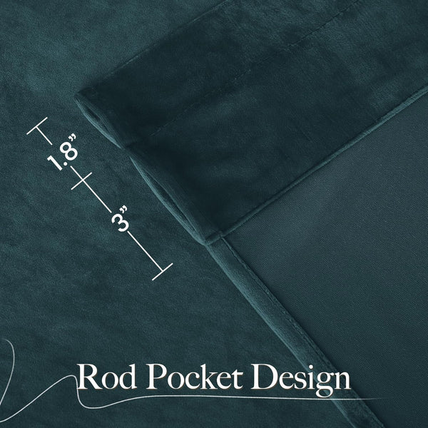 Dark teal velvet curtain panel close-up, showing rod pocket design with 1.8 and 3 inch measurements.