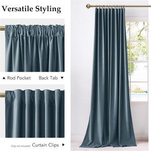 Dark teal velvet window curtain panel with versatile rod pocket and back tab styling options.