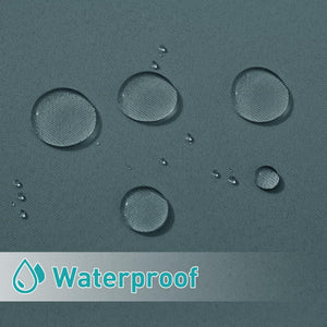 Close-up of dark teal woven fabric with spherical water droplets beading on its waterproof surface.