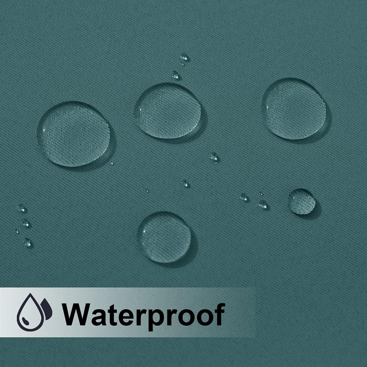 Close-up of water droplets beading on a dark teal textured fabric, showcasing its waterproof quality.