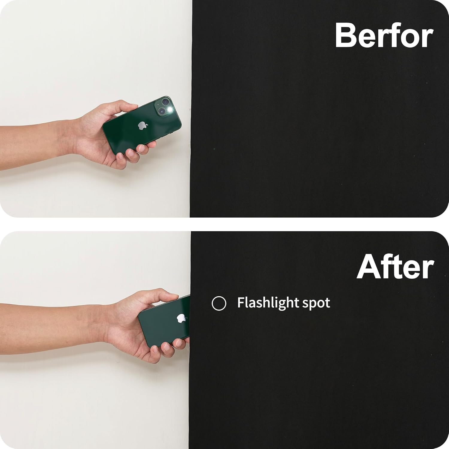 Demonstration: hand shines green iPhone flashlight on black material; light absorbed, no visible spot.