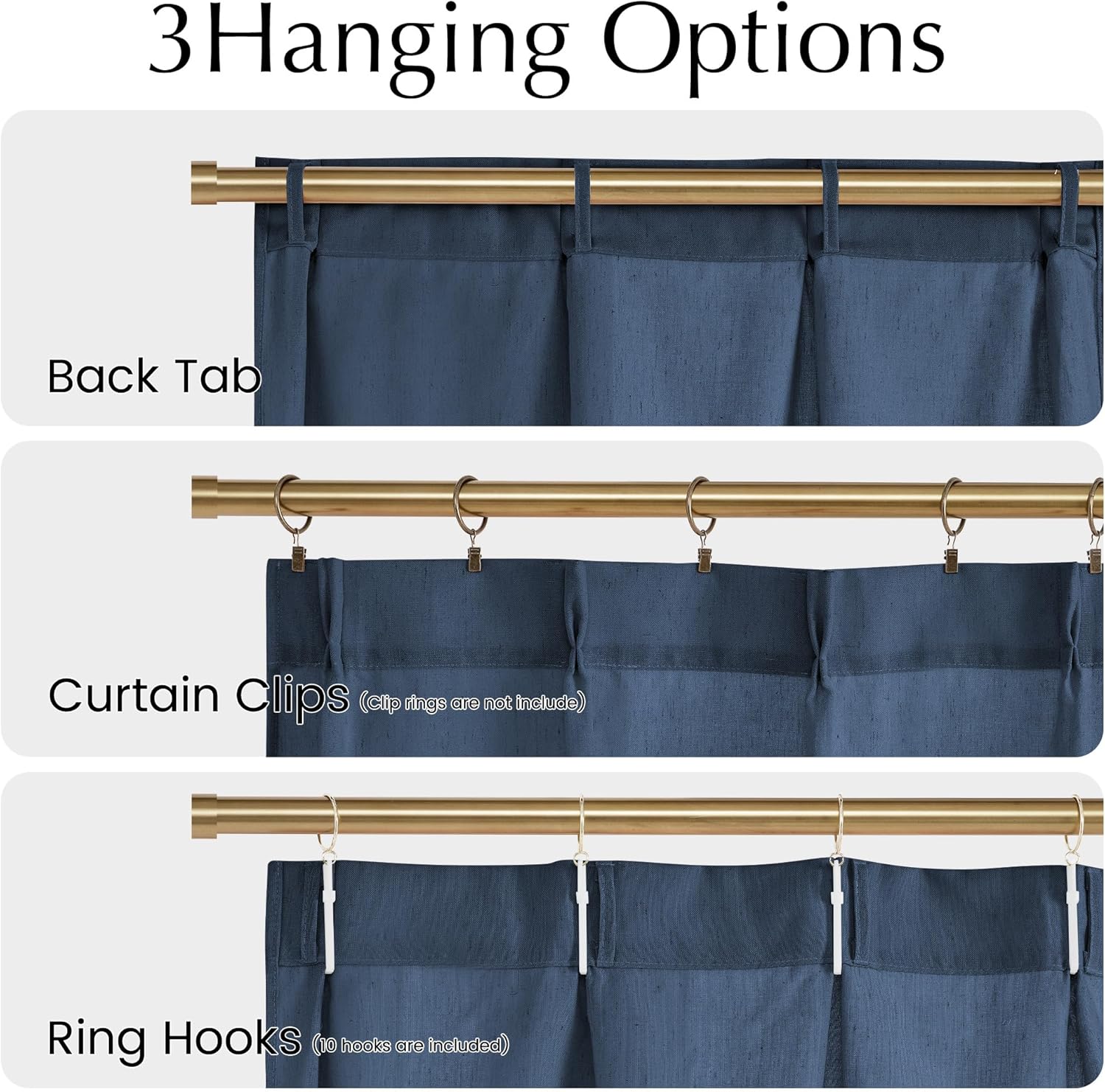 Deep blue textured curtain panel shows three versatile hanging options: back tab, clip rings, and ring hooks.