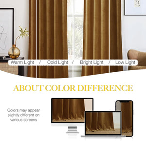 Deep gold velvet curtains with rich texture and elegant folds hang by a window, shown in varying light.