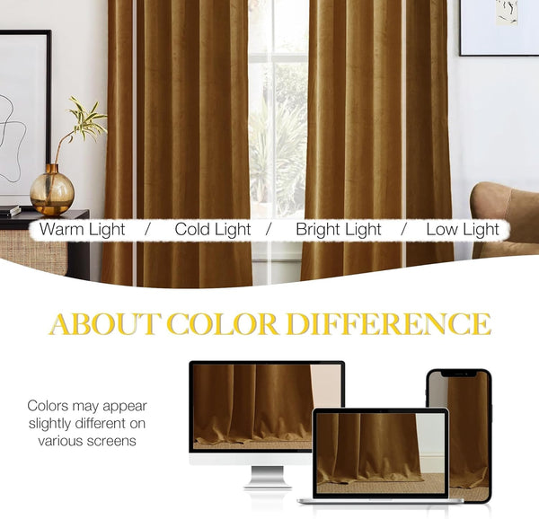 Deep gold velvet curtains with rich texture and elegant folds hang by a window, shown in varying light.