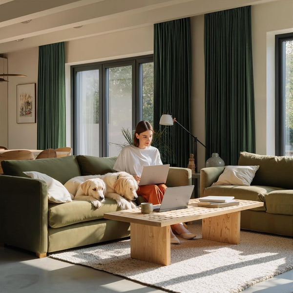 Deep green pleated velvet curtains framing large windows in a modern living room.