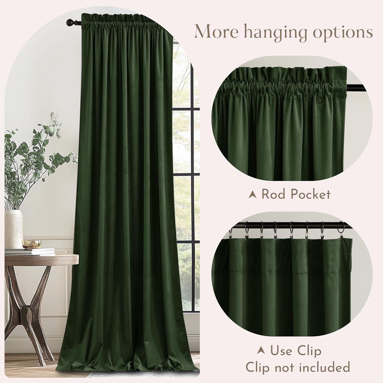 Deep green velvet rod pocket curtains, luxurious texture. Also compatible with clip rings for versatile hanging.