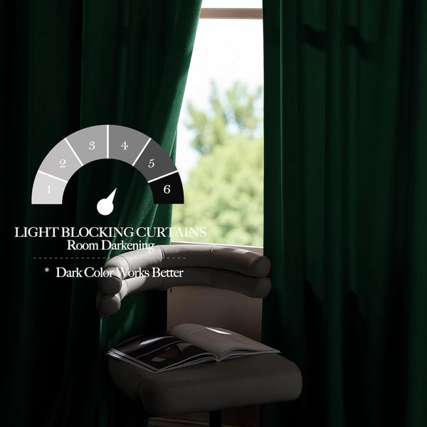 Rich emerald green velvet curtains effectively blocking light from a window, creating a cozy room.